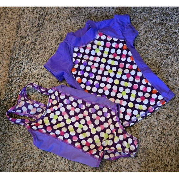 Lands End Swimsuit Matching Rash Guard Top 2pcs Girls Size 2T Purple Polka Dots - Picture 3 of 13